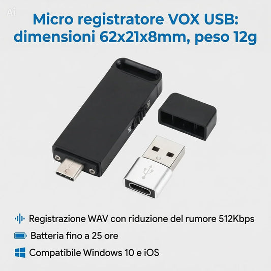 Registratore Audio Digitale Micro con 32 GB di Memoria Interna – Chiavetta USB Micro Registratore Vocale Professionale con Riduzione del Rumore, Batteria 25 Ore
