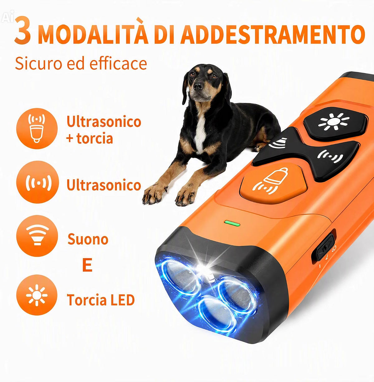 TZ-U69 Dissuasore Ultrasonico per Cani – Dispositivo Antiabbaio Portatile con 3 Emettitori, 4 Modalità e Torcia LED, Ricaricabile, Impermeabile IPX7, Batteria 1200mAh – Ideale anche per Addestramento