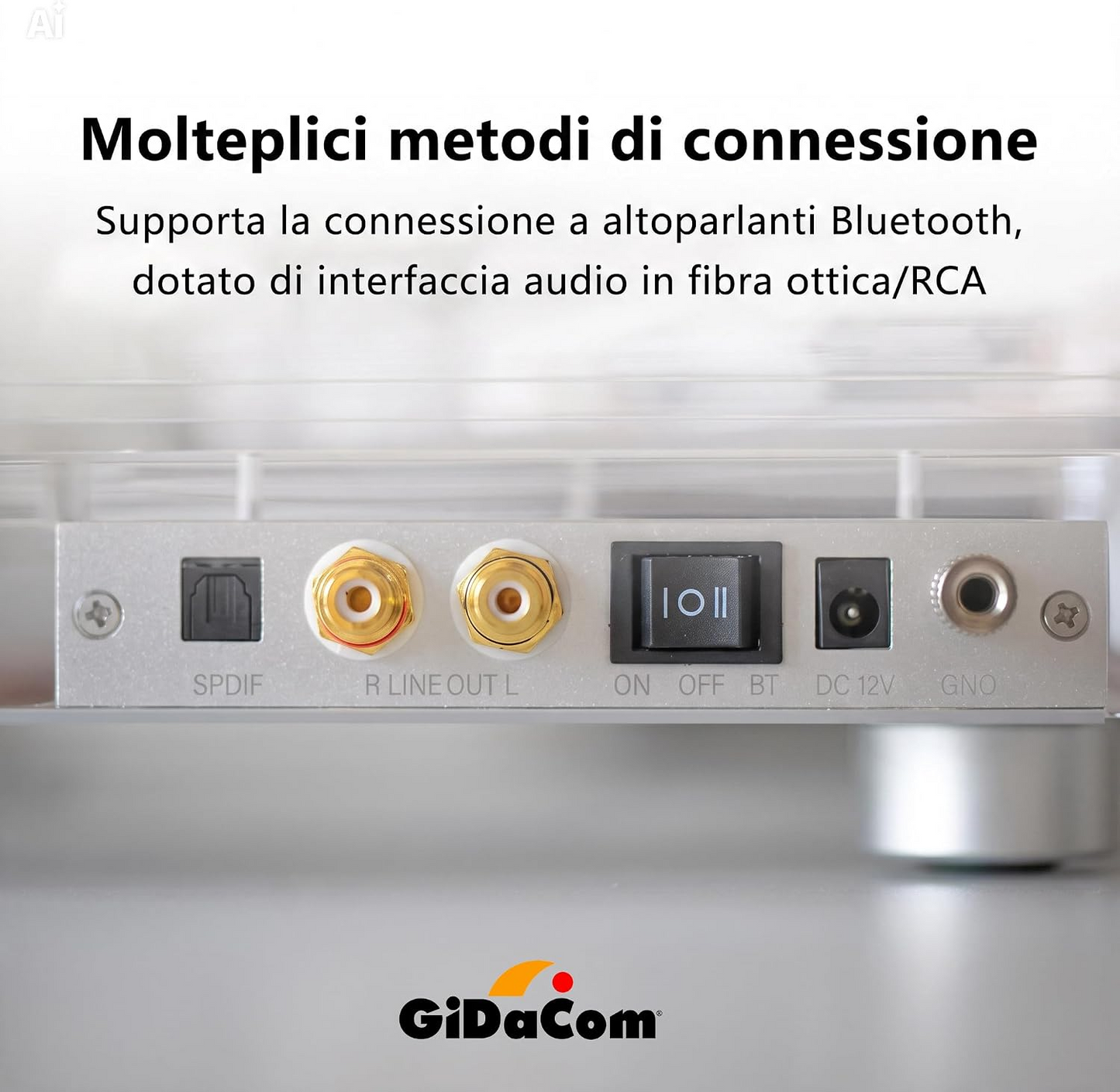 Giradischi in Acrilico Trasparente con Luce LED Bicolore Blu/Giallo – Design Esclusivo per Ambienti Ricercati, Braccio in Fibra di Carbonio, Cartuccia Audio Technica, Uscite BT/RCA/Ottica