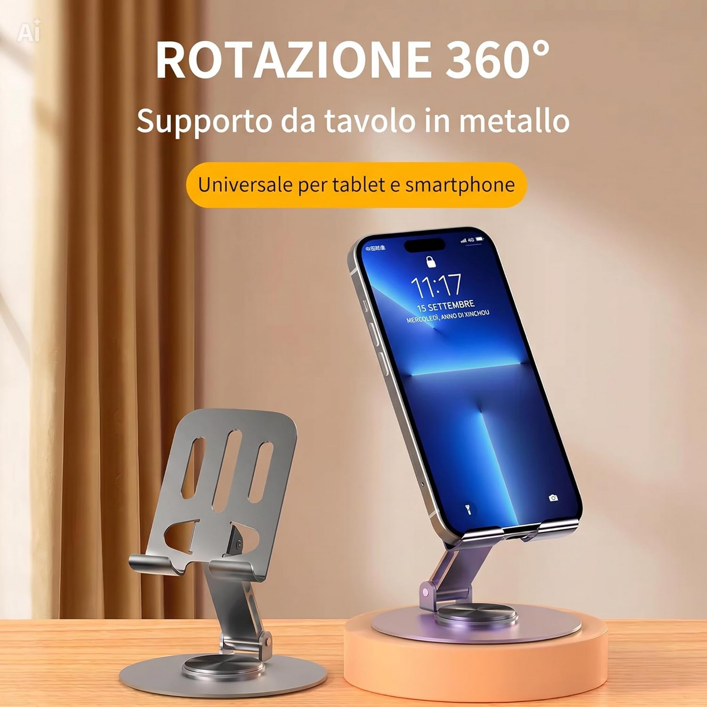 Supporto per Telefono e Tablet da Tavolo in Metallo – Base Girevole a 360°, Universale Regolabile per Smartphone e iPad, Struttura Robusta