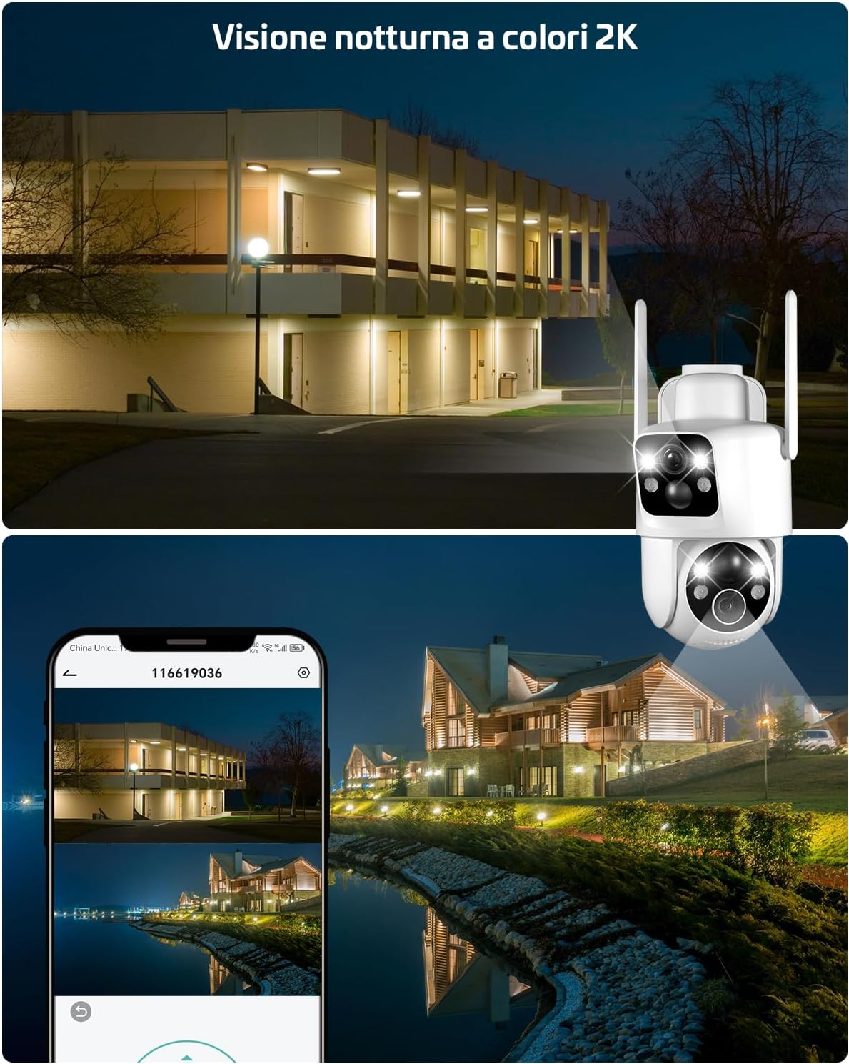 2K Telecamera Wi-Fi Esterno Senza Fili Solare PTZ con Doppio Obiettivo Doppio PIR, Batteria 10000mAh, 355°P 90°T, Intelligenza Artificiale, Pannello Solare 6W, IP66