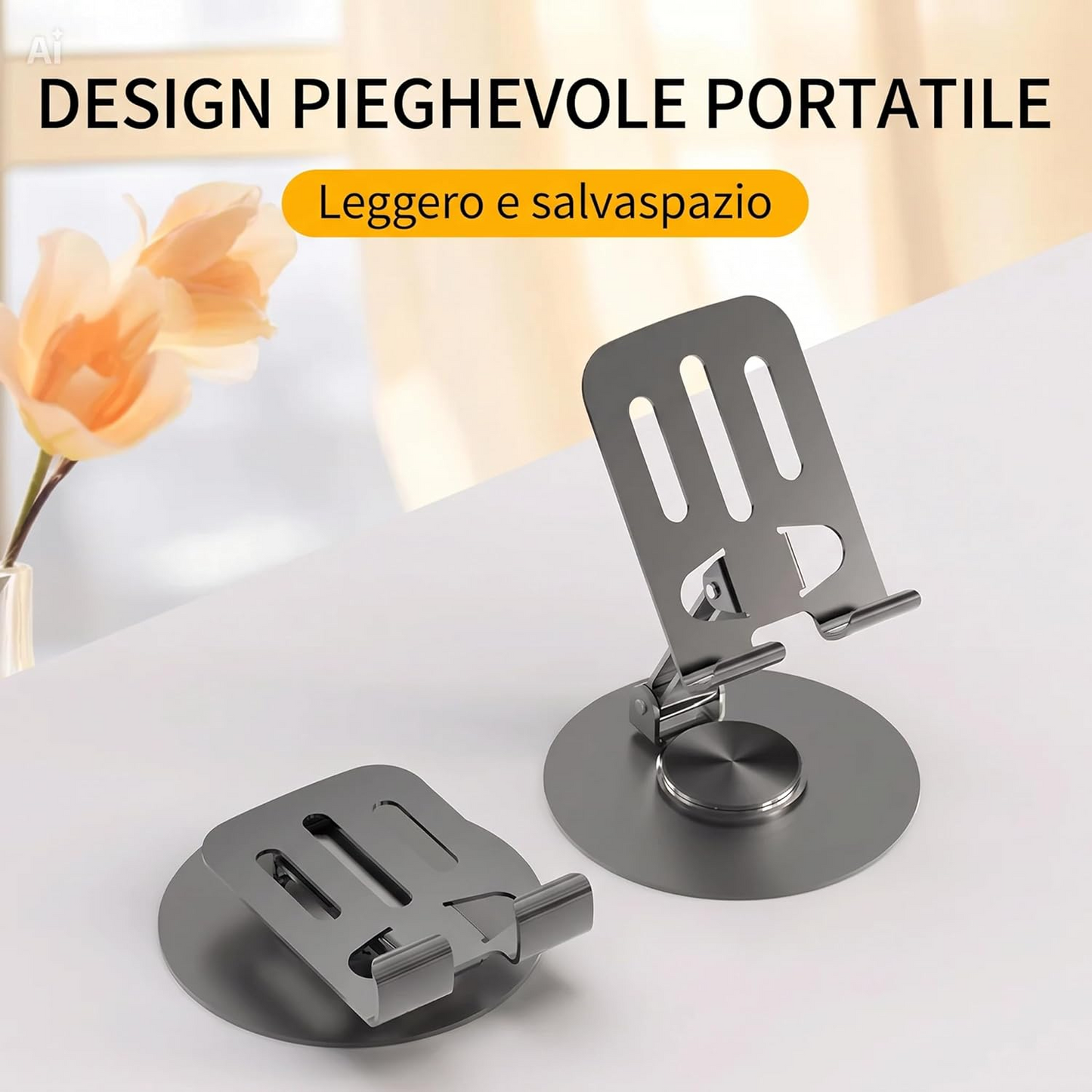 Supporto per Telefono e Tablet da Tavolo in Metallo – Base Girevole a 360°, Universale Regolabile per Smartphone e iPad, Struttura Robusta