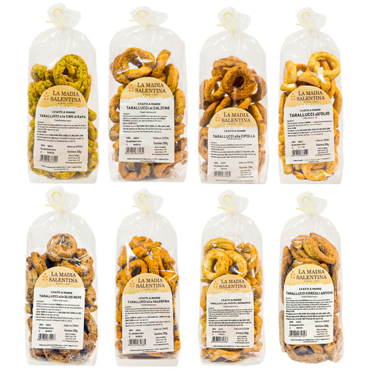 BOX TARALLINI SALENTINi DEGUSTAZIONE: IL VIAGGIO DEI SAPORI IN 8 GUSTI All'olio, alla cipolla, alle cime di rapa, al calzone, il salentino, ai cereali, alle patate e rosmarino, e olive nere