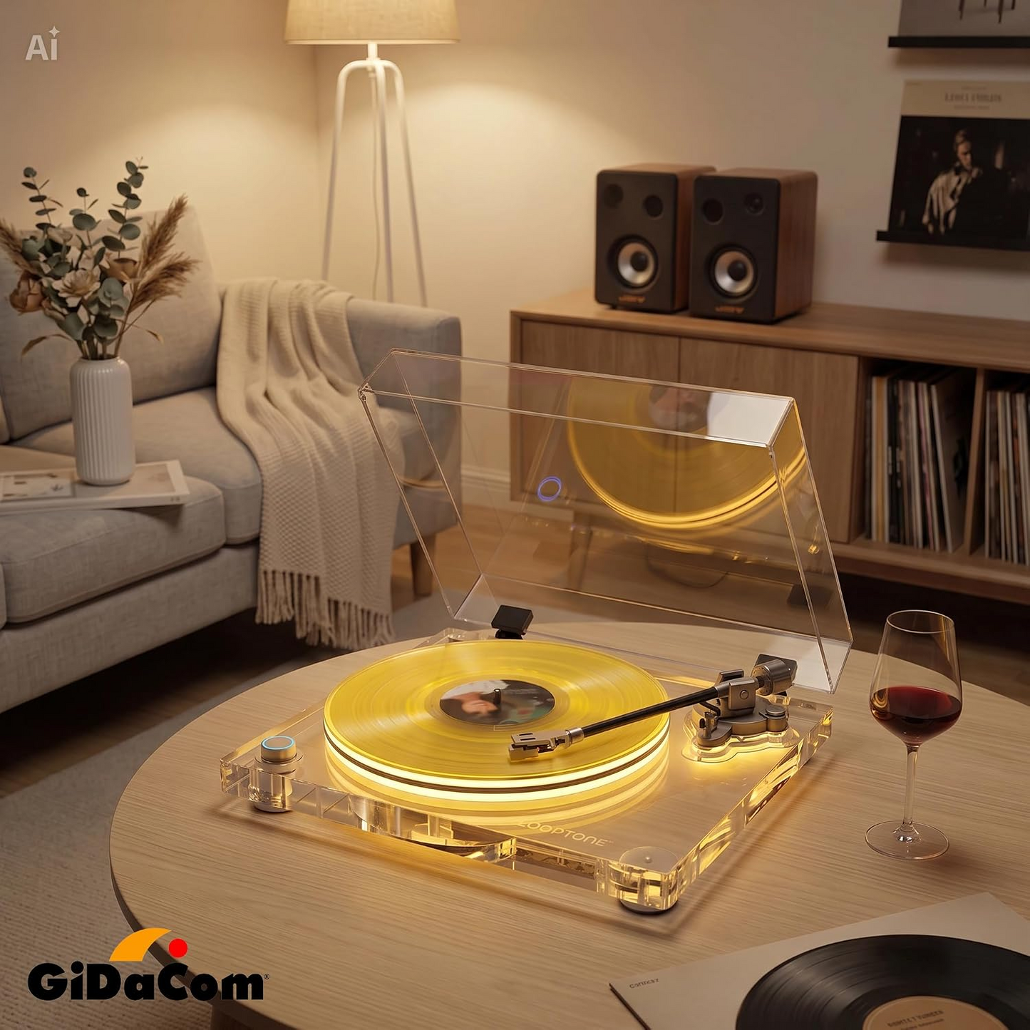 Giradischi in Acrilico Trasparente con Luce LED Bicolore Blu/Giallo – Design Esclusivo per Ambienti Ricercati, Braccio in Fibra di Carbonio, Cartuccia Audio Technica, Uscite BT/RCA/Ottica
