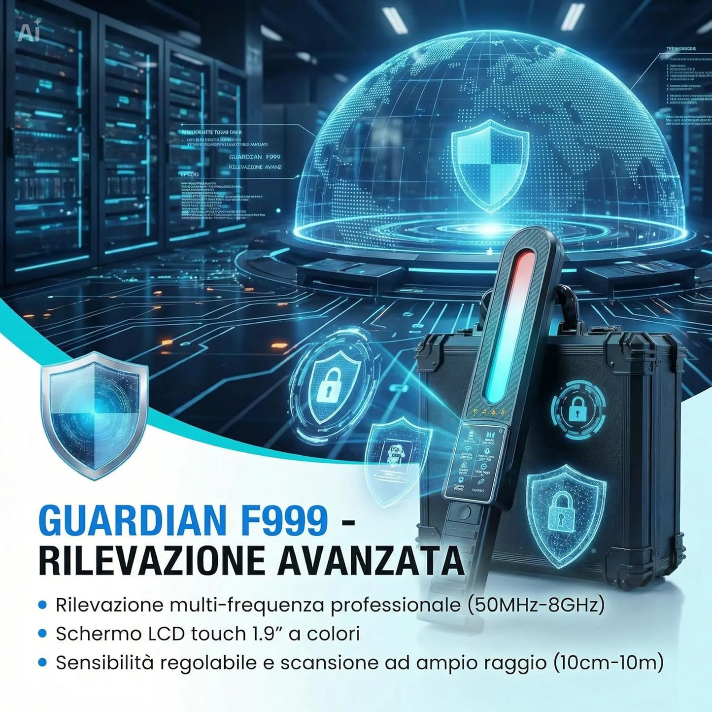 GUARDIAN Kit Professionale Antispia con Valigia 4 Rilevatori per Microspie Radio, GSM, GPS, Telecamere, Wifi + 3 Dispositivi per Allenamento + Videoguida Frequenze 5MHz-8GHz, EMF, Per Bonifiche Ambientali