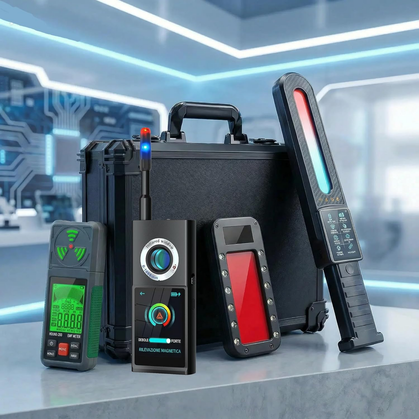 GUARDIAN Kit Professionale Antispia con Valigia 4 Rilevatori per Microspie Radio, GSM, GPS, Telecamere, Wifi + 3 Dispositivi per Allenamento + Videoguida Frequenze 5MHz-8GHz, EMF, Per Bonifiche Ambientali