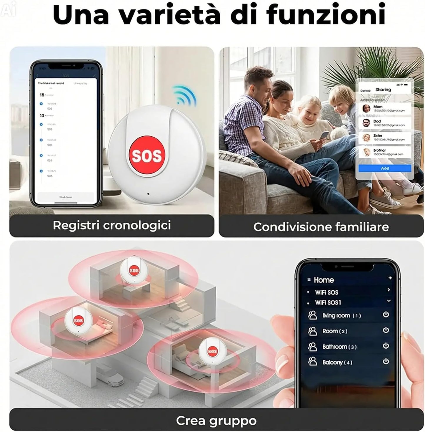SOS Anziani e Bambini: Allarme Personale con Pulsante di Emergenza. Compatibile con APP Tuya e Smart Life. Notifica sul Telefono, Non Serve SIM. lunga autonomia. (Bianco)