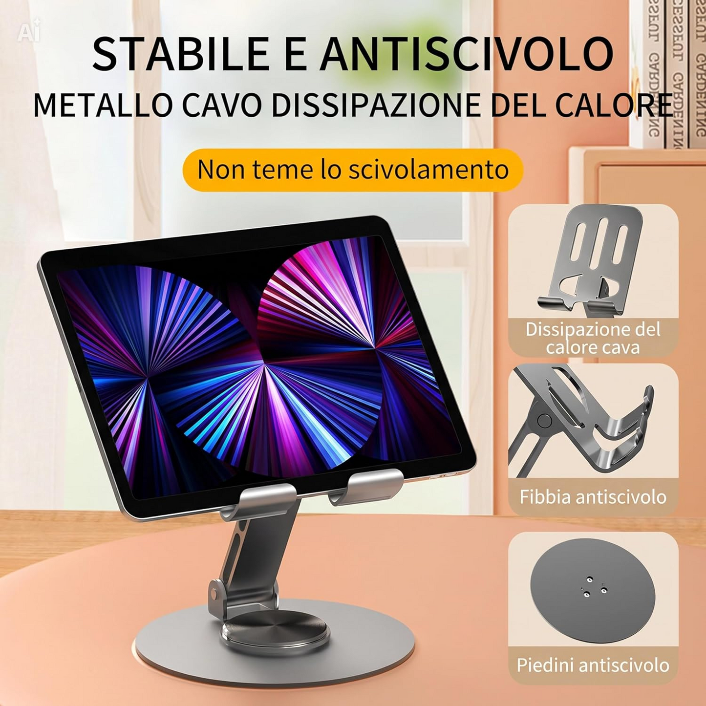 Supporto per Telefono e Tablet da Tavolo in Metallo – Base Girevole a 360°, Universale Regolabile per Smartphone e iPad, Struttura Robusta