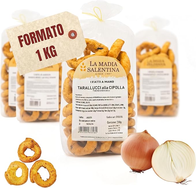 Tarallucci Salentini alla Cipolla 1 Kg, Artigianali al Forno - Taralli Pugliesi Croccanti Tradizionali del Salento - Tarallini Snack Salato Tipico della Puglia (4x250g, Cipolla)