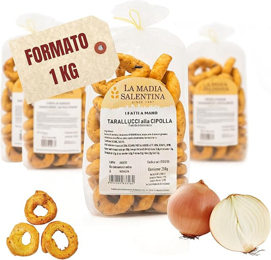 Tarallucci Salentini alla Cipolla 1 Kg, Artigianali al Forno - Taralli Pugliesi Croccanti Tradizionali del Salento - Tarallini Snack Salato Tipico della Puglia (4x250g, Cipolla)