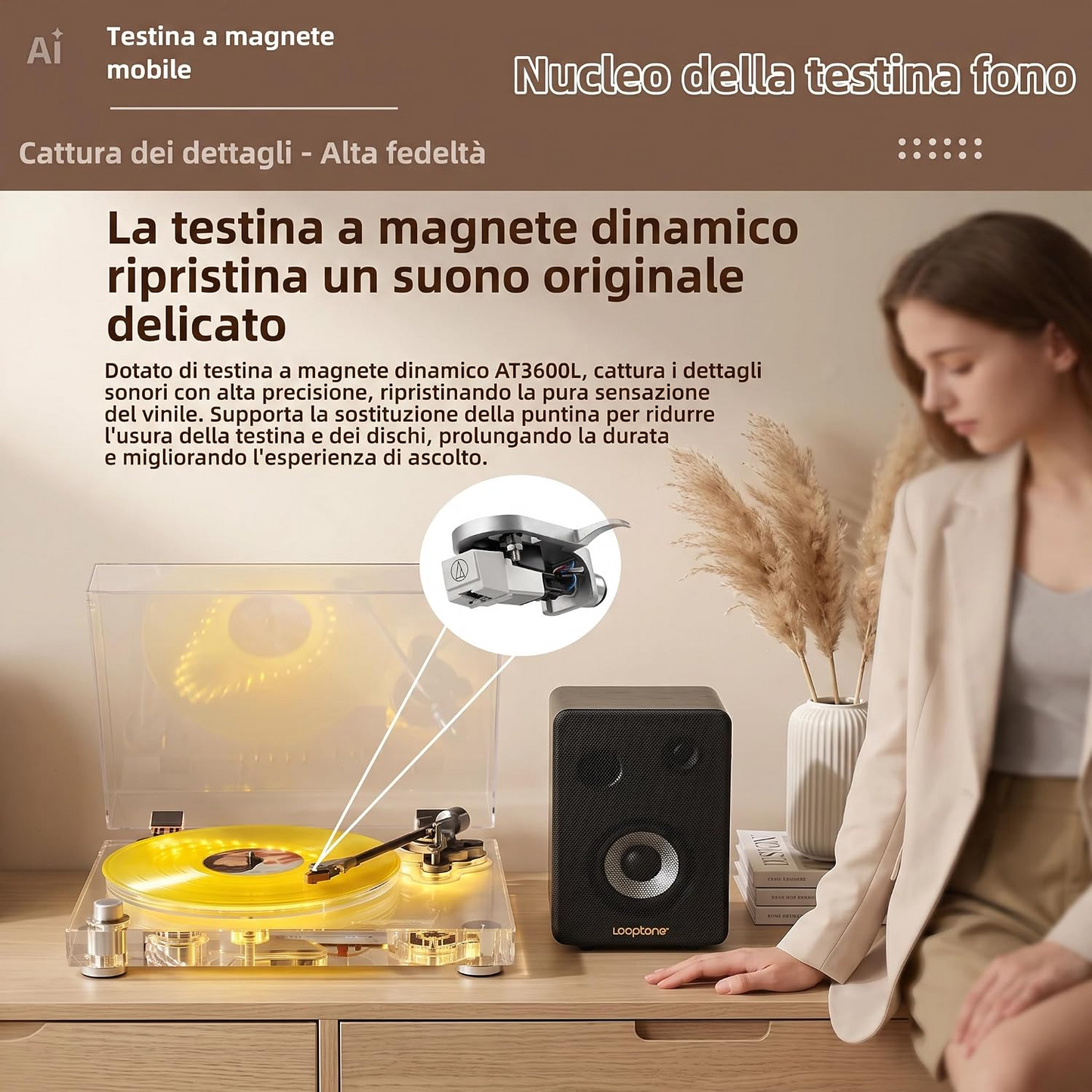 Giradischi in Acrilico Trasparente con Luce LED Bicolore Blu/Giallo – Design Esclusivo per Ambienti Ricercati, Braccio in Fibra di Carbonio, Cartuccia Audio Technica, Uscite BT/RCA/Ottica