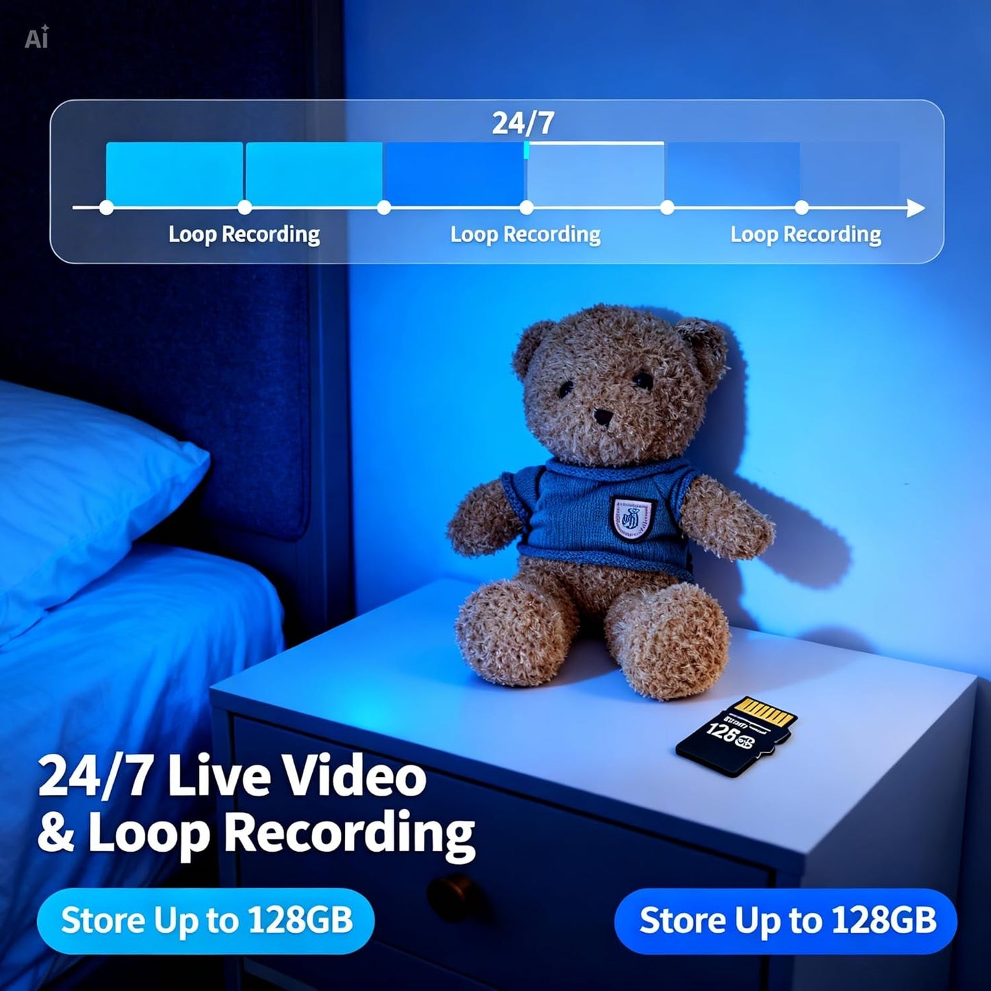 Orsacchiotto con Telecamera WiFi – Baby Monitor 4K e 1080P con Visione in Tempo Reale, Rilevamento Movimento con Notifiche, Supporto Micro SD 128GB, App Allcam365