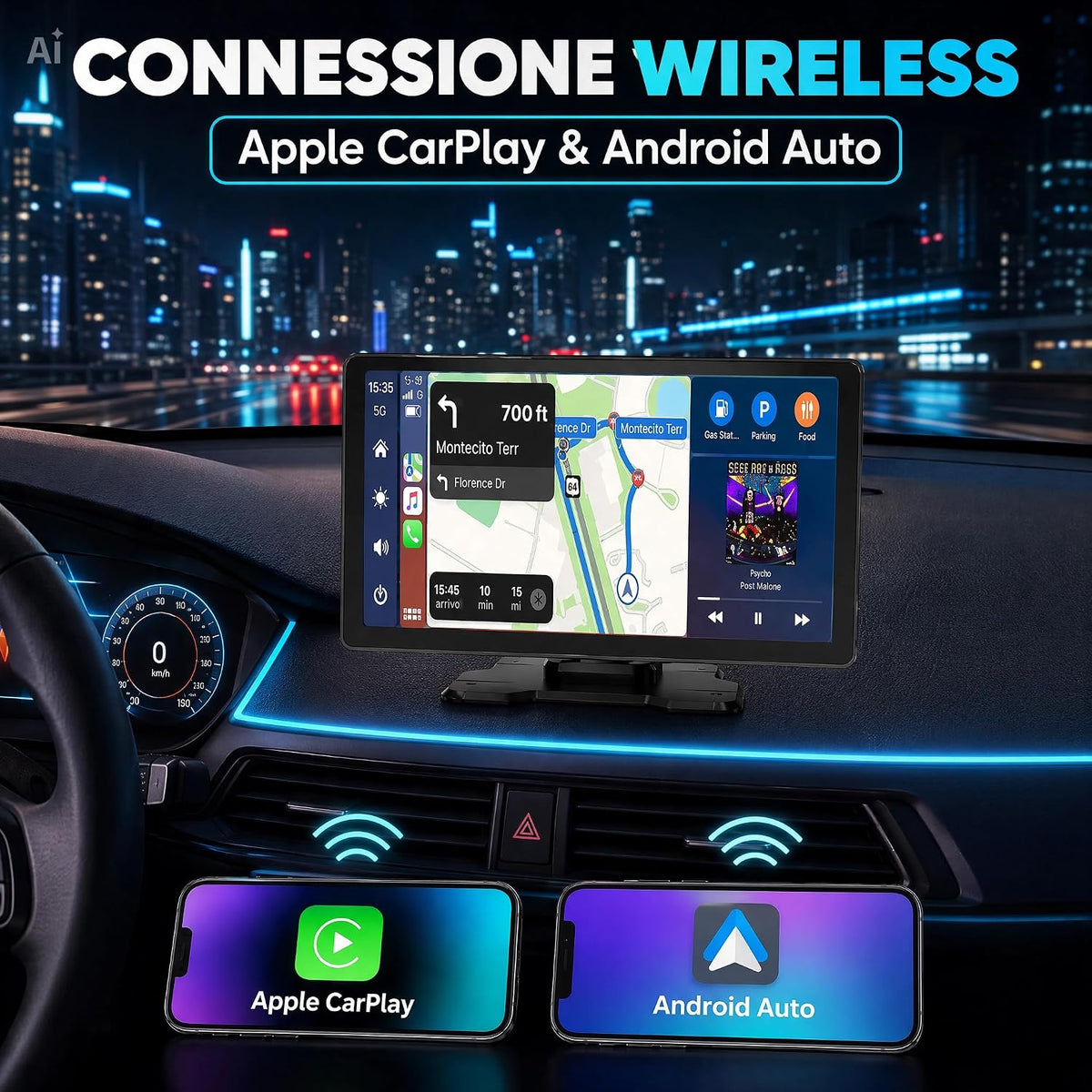 CarPlay e Android Auto Wireless Display Touchscreen per Auto – Schermo HD Bluetooth, Chiamate Vivavoce, GPS, telecamera posteriore, Per Auto, SUV, Furgoni e Camion