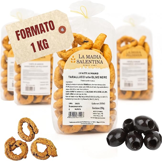 Tarallucci Salentini alle Olive Nere Leccino 1 Kg, Artigianali al Forno - Taralli Pugliesi Croccanti Tradizionali del Salento, Tarallini Snack Salato Tipico della Puglia (4x250g, Olive Nere Leccino)