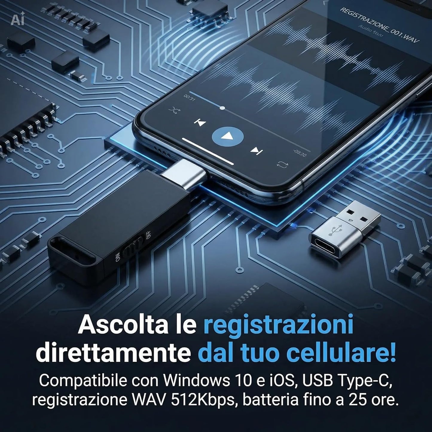 Registratore Audio Digitale Micro con 32 GB di Memoria Interna – Chiavetta USB Micro Registratore Vocale Professionale con Riduzione del Rumore, Batteria 25 Ore