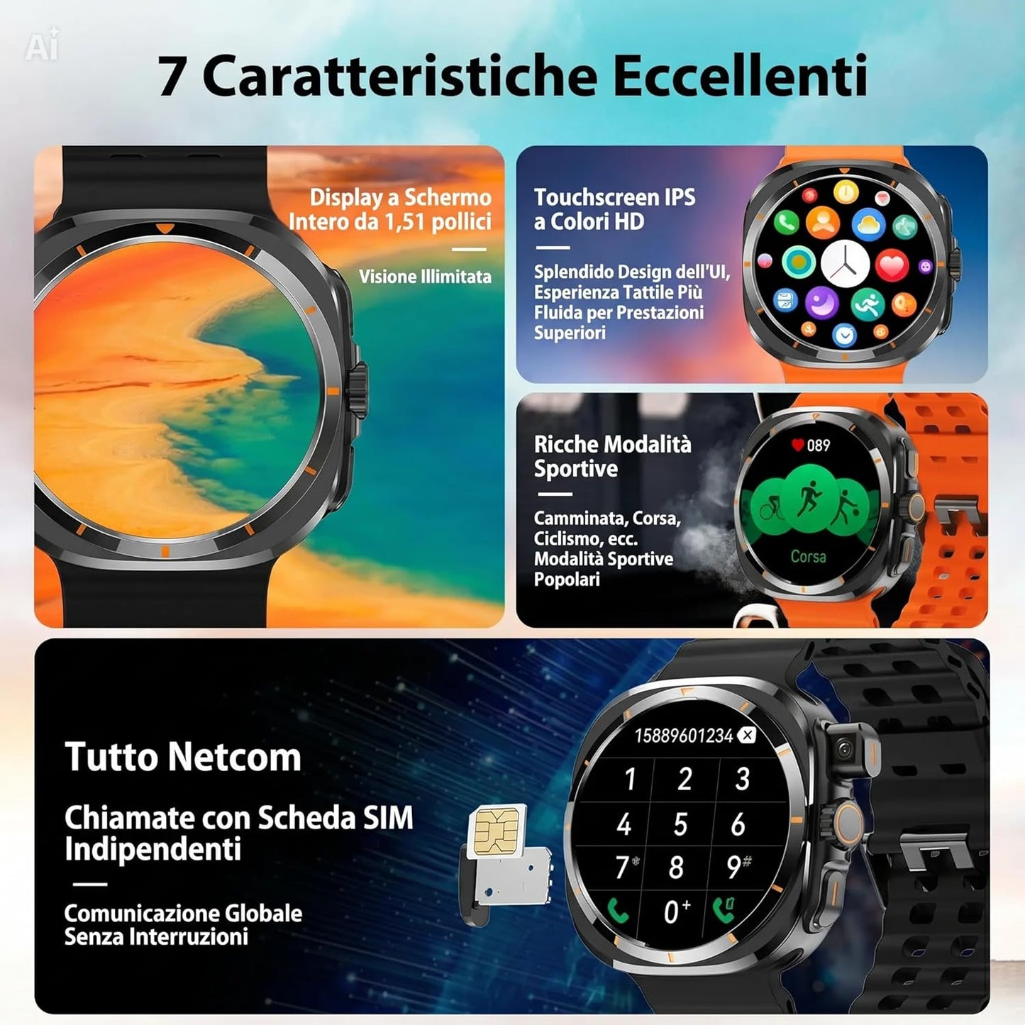 Smartwatch Android 4G con GPS e Fotocamera Telescopica – Orologio con Slot SIM, WiFi, Bluetooth, Ricarica Wireless, Impermeabile – Chiamate, Sport, Salute – Compatibile iOS e Android (Nero)