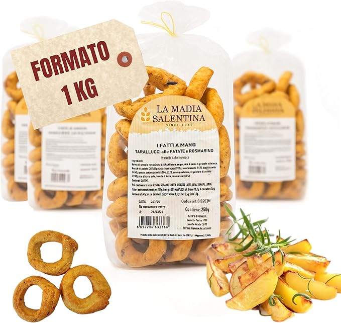 Tarallucci Salentini con Patate e Rosmarino 1 Kg, Artigianali al Forno - Taralli Pugliesi Croccanti Tradizionali del Salento - Tarallini Snack Salato Tipico della Puglia (4x250g, Patate e Rosmarino)