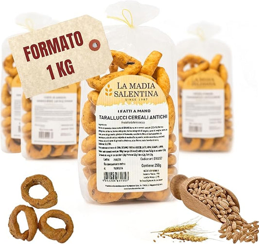 Tarallucci Salentini ai Cereali Antichi e Semi 1 Kg, Artigianali al Forno - Taralli Pugliesi Croccanti Tradizionali del Salento, Tarallini Snack Salato Tipico Puglia (4x250g, Cereali Antichi e Semi)