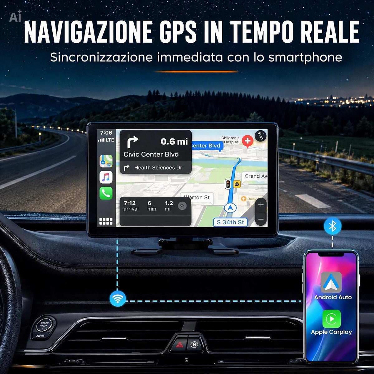 CarPlay e Android Auto Wireless Display Touchscreen per Auto – Schermo HD Bluetooth, Chiamate Vivavoce, GPS, telecamera posteriore, Per Auto, SUV, Furgoni e Camion