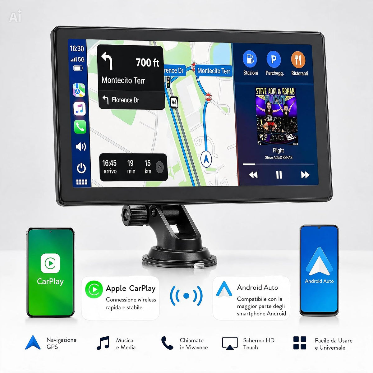 CarPlay e Android Auto Wireless Display Touchscreen per Auto – Schermo HD Bluetooth, Chiamate Vivavoce, GPS, telecamera posteriore, Per Auto, SUV, Furgoni e Camion
