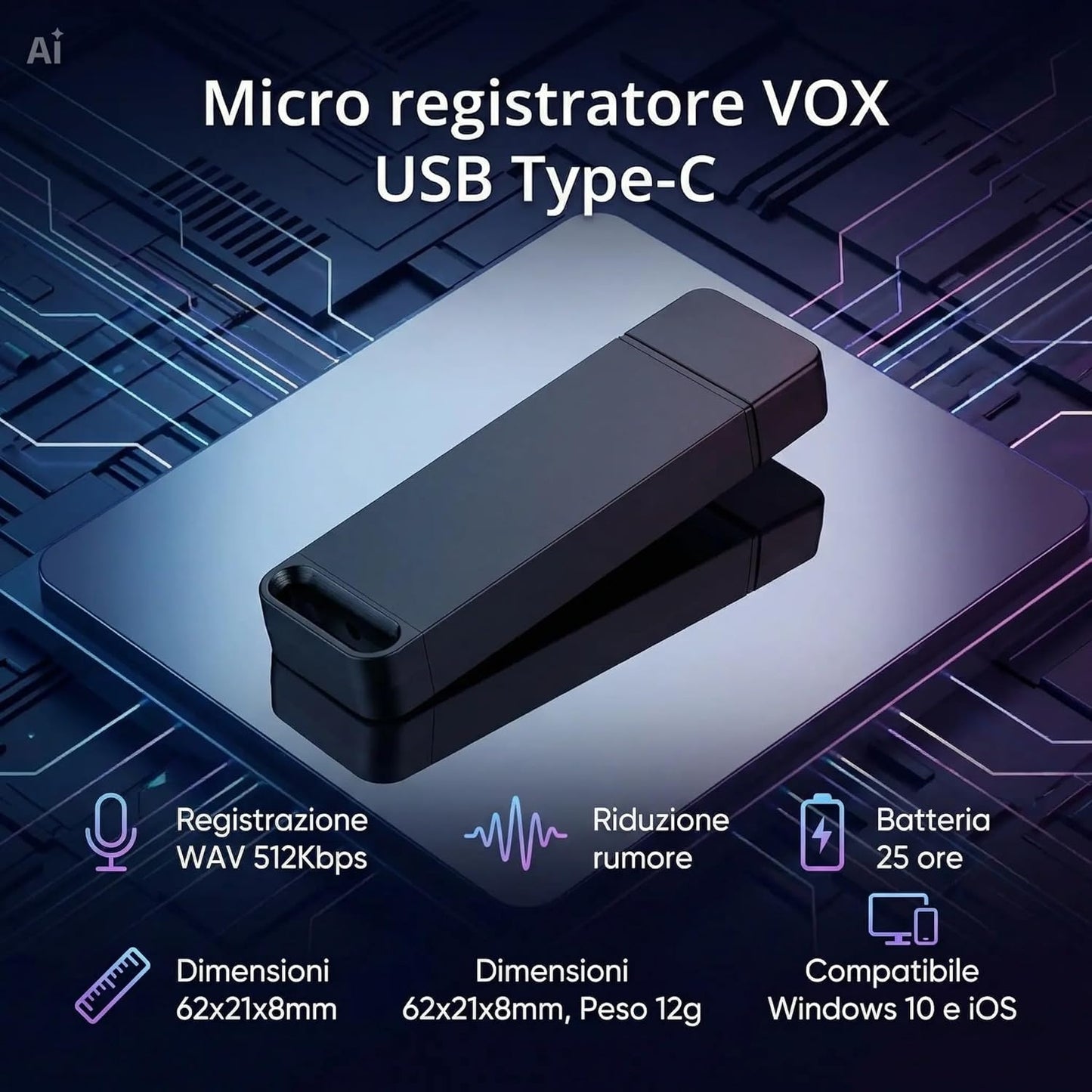 Registratore Audio Digitale Micro con 32 GB di Memoria Interna – Chiavetta USB Micro Registratore Vocale Professionale con Riduzione del Rumore, Batteria 25 Ore