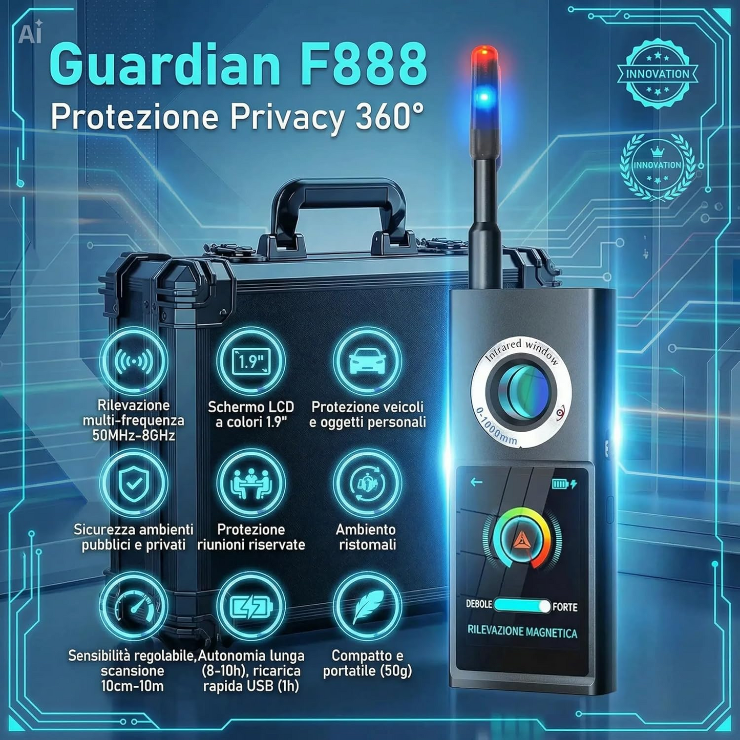 GUARDIAN Kit Professionale Antispia con Valigia 4 Rilevatori per Microspie Radio, GSM, GPS, Telecamere, Wifi + 3 Dispositivi per Allenamento + Videoguida Frequenze 5MHz-8GHz, EMF, Per Bonifiche Ambientali