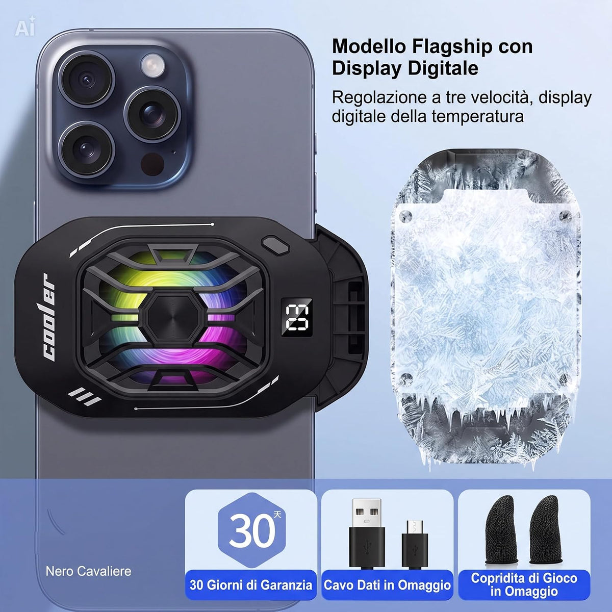 Ventola raffreddamento telefono cellulare con Cella di Peltier - Display Digitale – 3 Velocità per Gaming, Clip Universale e Sistema Magnetico – Per iOS e Android