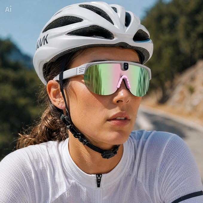 Occhiali Smart AI con Fotocamera 8MP e Audio Open-Ear – Montatura Bianca/ROSA, Video 1200P, Traduzione in 20+ Lingue, AI Descrittiva, Lenti Polarizzate + Gialle, APP Cyan Glasses
