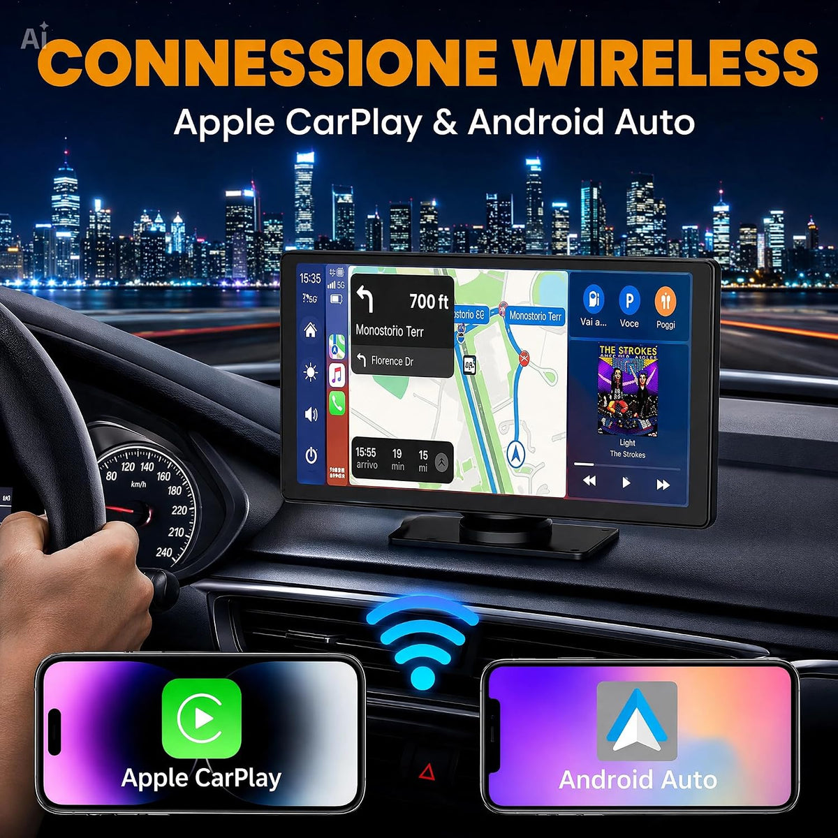 CarPlay e Android Auto Wireless Display Touchscreen per Auto – Schermo HD Bluetooth, Chiamate Vivavoce, GPS, telecamera posteriore, Per Auto, SUV, Furgoni e Camion