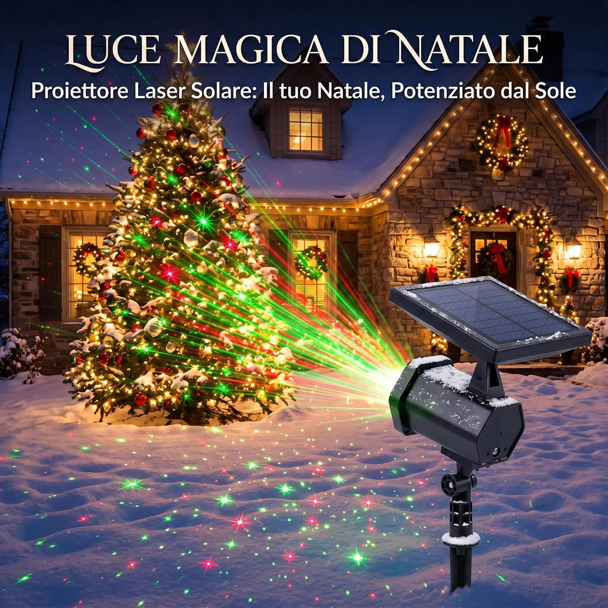 Proiettore di stelle Solare con Luci Rosse e Verdi Lampeggianti – Pannello Solare Ricarica Automatica, Impermeabile IP65, Batteria 2200mAh – Ideale per Giardino, Feste e Decorazioni Natalizie