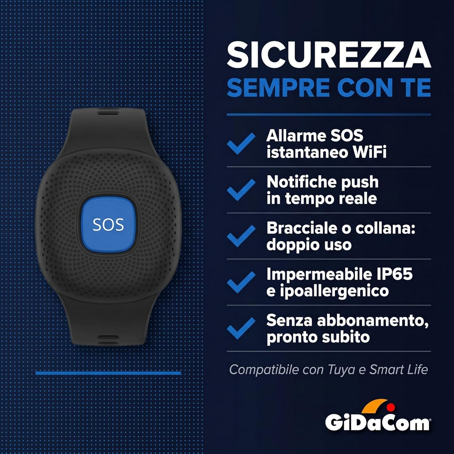 (WL96WT) LifeAlert Connect Pulsante SOS Anziani WiFi - Bracciale Emergenza Personale Compatibile Tuya Smart Life - Ciondolo Salvavita Notifica App Smartphone - Impermeabile IP65 - Batteria 400mAh (Nero)