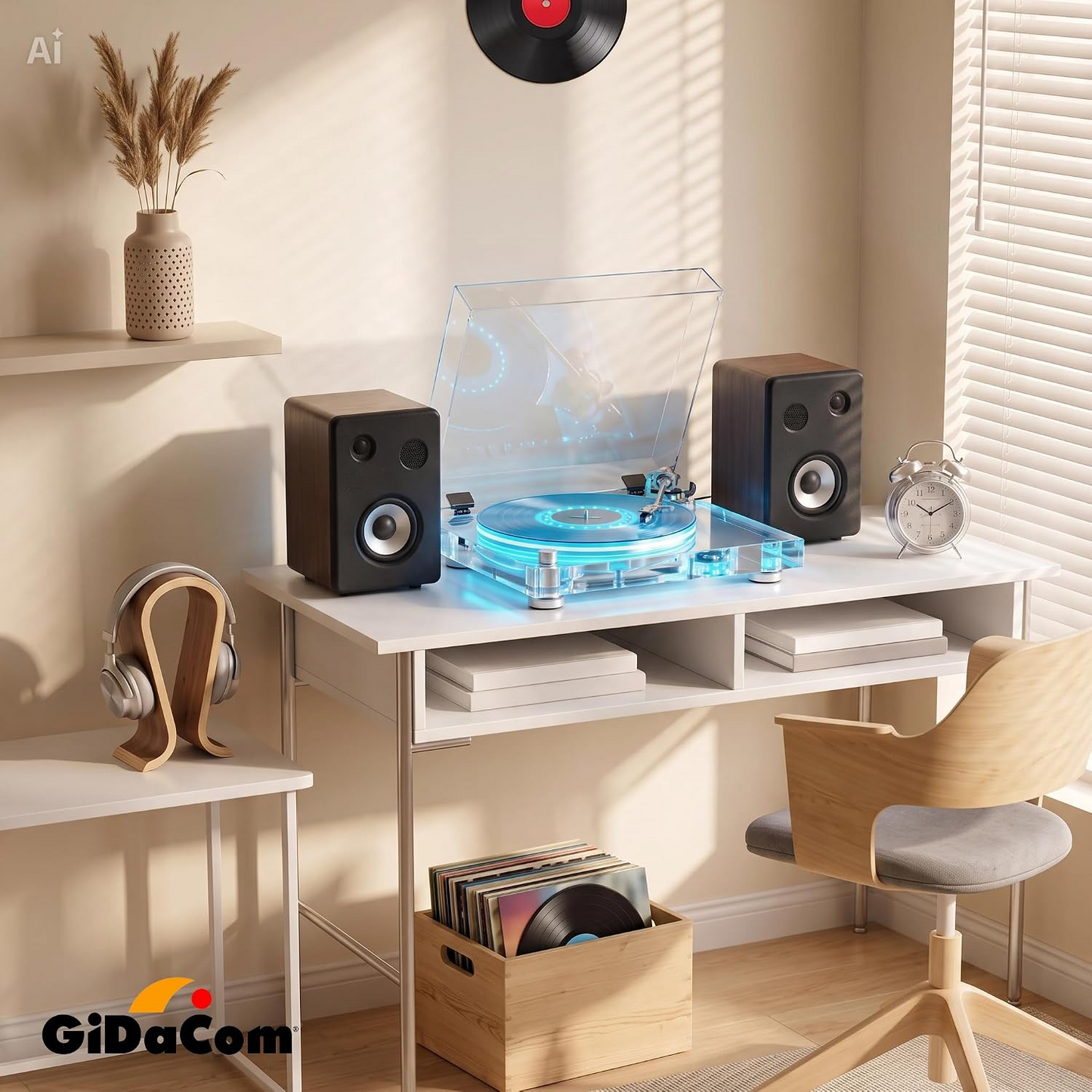 Giradischi in Acrilico Trasparente con Luce LED Bicolore Blu/Giallo – Design Esclusivo per Ambienti Ricercati, Braccio in Fibra di Carbonio, Cartuccia Audio Technica, Uscite BT/RCA/Ottica