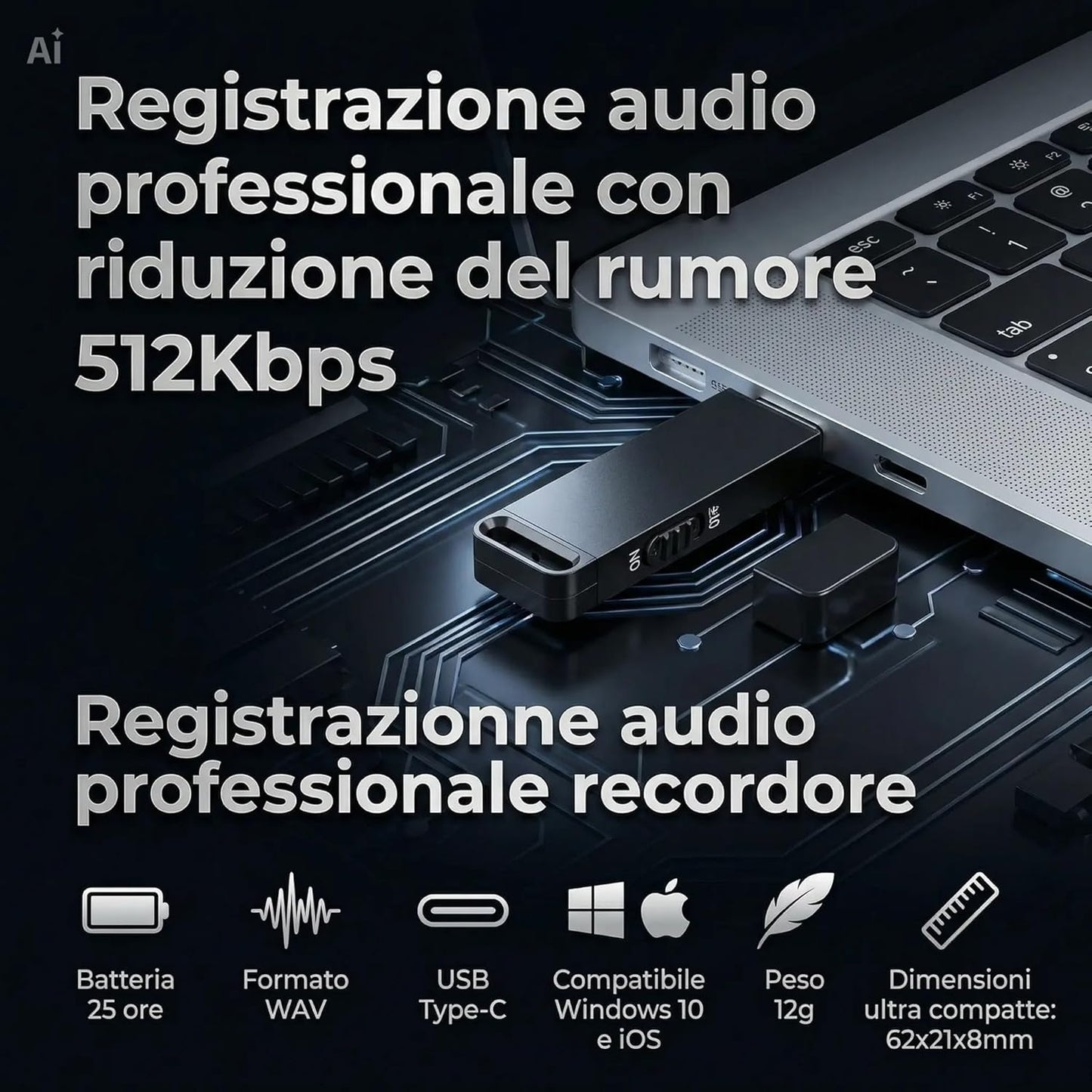 Registratore Audio Digitale Micro con 32 GB di Memoria Interna – Chiavetta USB Micro Registratore Vocale Professionale con Riduzione del Rumore, Batteria 25 Ore