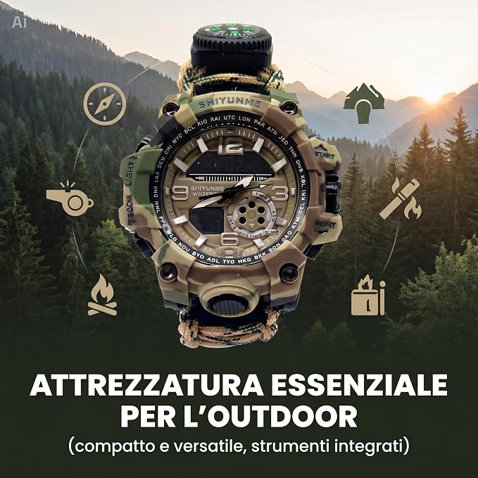 Orologio Survival con Corda da Paracadute 7-in-1 – Braccialetto Tattico con Bussola, Termometro, Fischietto, Cacciavite, Raschietto, Luminescente, per Campeggio, Arrampicata e Trekking