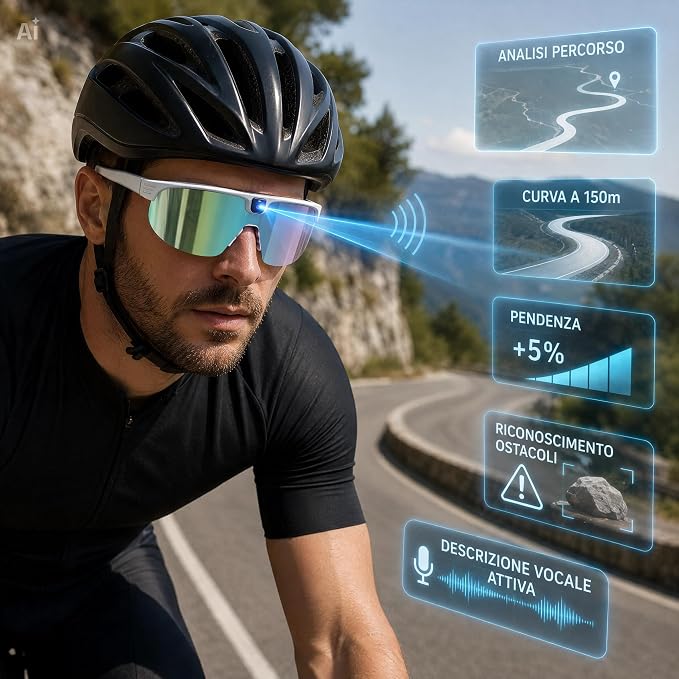 Occhiali Smart AI con Fotocamera 8MP e Audio Open-Ear – Montatura Bianca/BLU, Video 1200P, Traduzione in 20+ Lingue, AI Descrittiva, Lenti Polarizzate + Gialle, APP Cyan Glasses