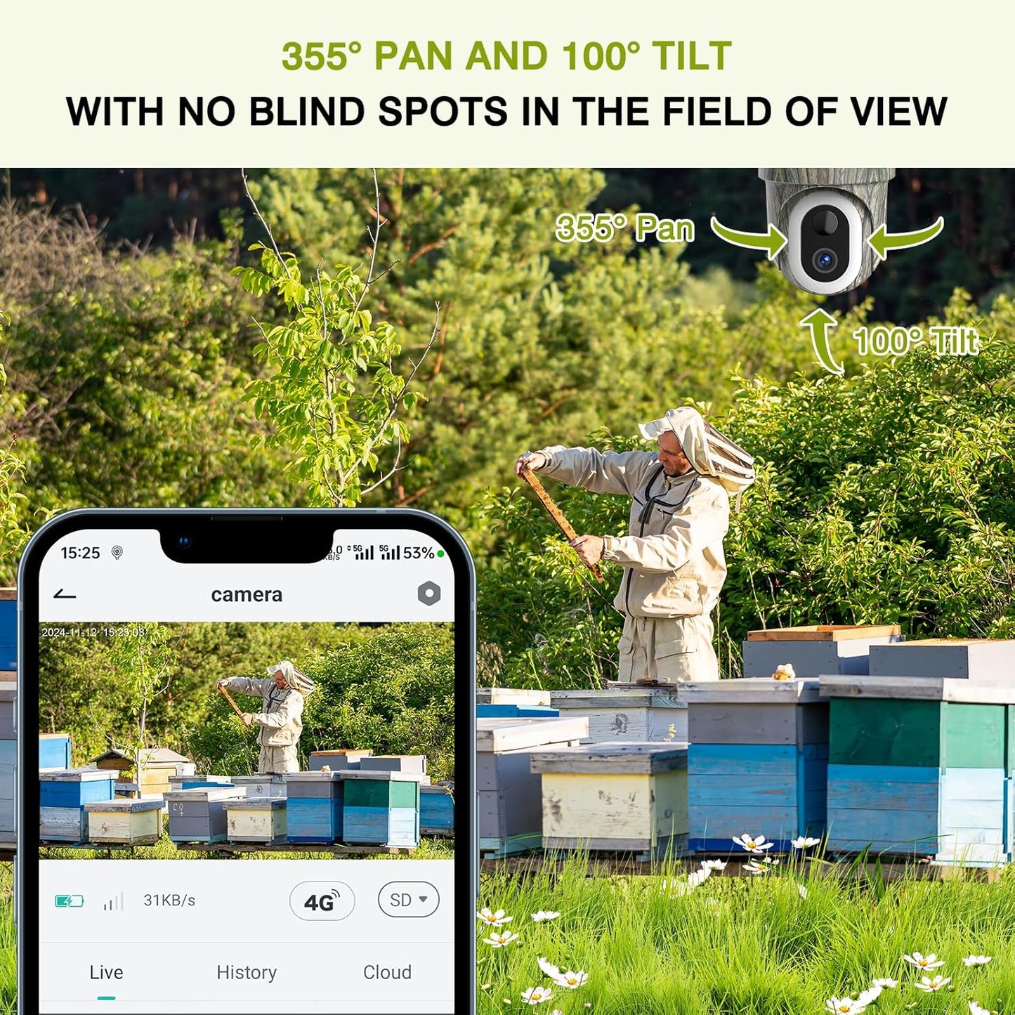 Telecamera con Sim 4G per Esterno,2K Telecamere Senza Fili con Pannello Solare,Visione Notturna a Colori,Rilevamento Umano PIR,IP66 mimetica