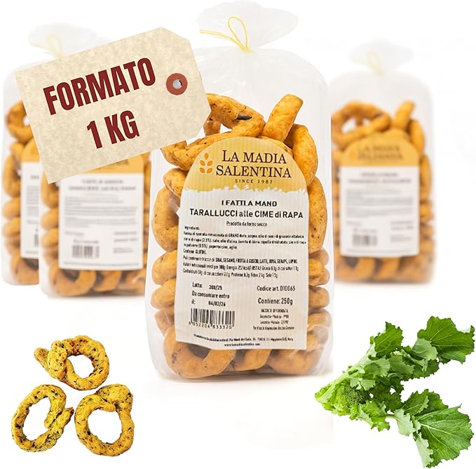 Tarallucci Salentini alle Cime di Rapa 1 Kg, Artigianali al Forno - Taralli Pugliesi Croccanti Tradizionali del Salento - Tarallini Snack Salato Tipico della Puglia (4x250g, Cime di Rapa)