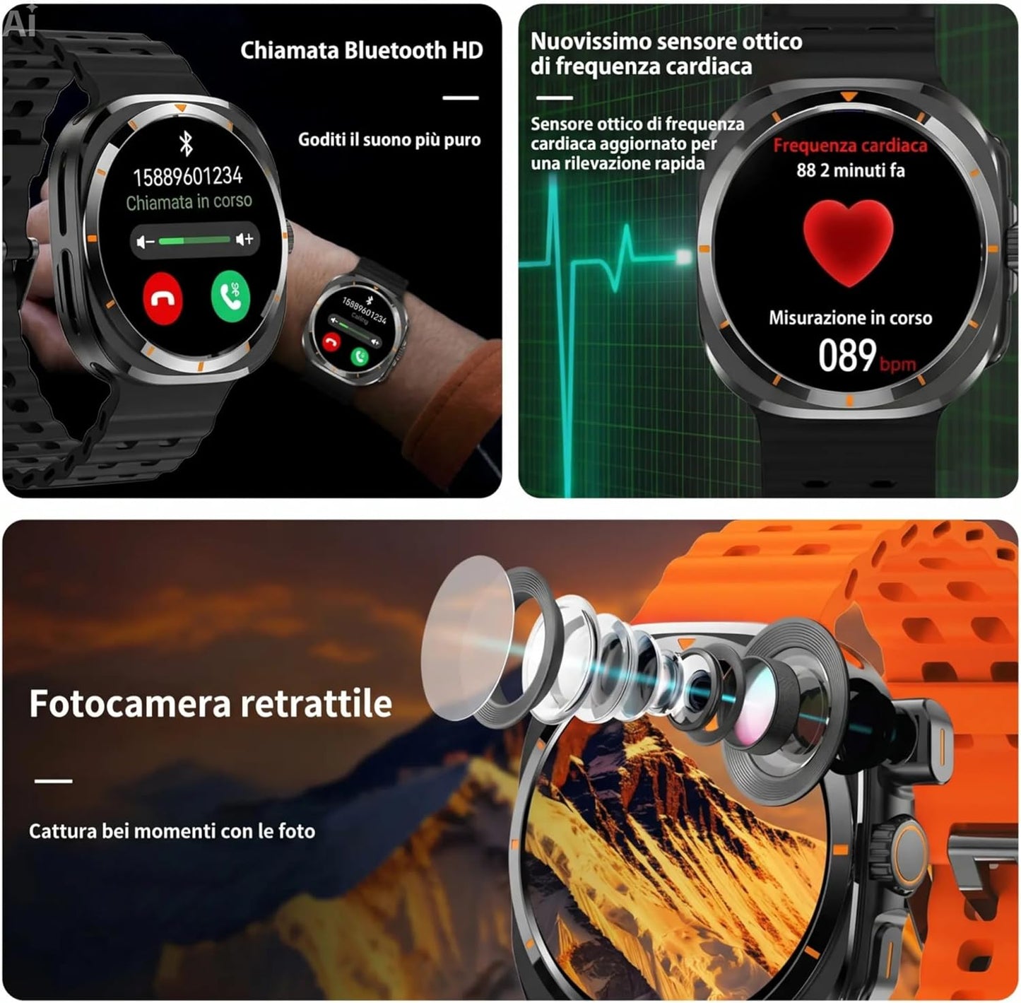 Smartwatch Android 4G con GPS e Fotocamera Telescopica – Orologio con Slot SIM, WiFi, Bluetooth, Ricarica Wireless, Impermeabile – Chiamate, Sport, Salute – Compatibile iOS e Android (Nero)