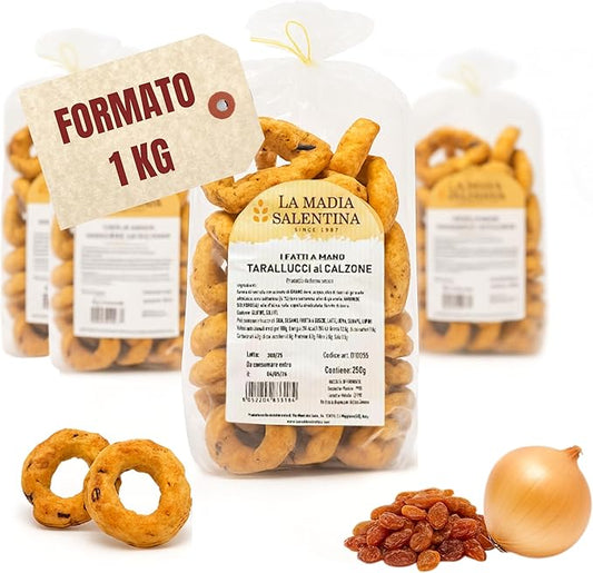 Tarallucci Salentini al Calzone con Uva Sultanina e Cipolla 1 Kg, Artigianali al Forno - Taralli Pugliesi Croccanti Tradizionali del Salento - Tarallini Snack Salato Tipico Puglia (4x250g, Calzone)