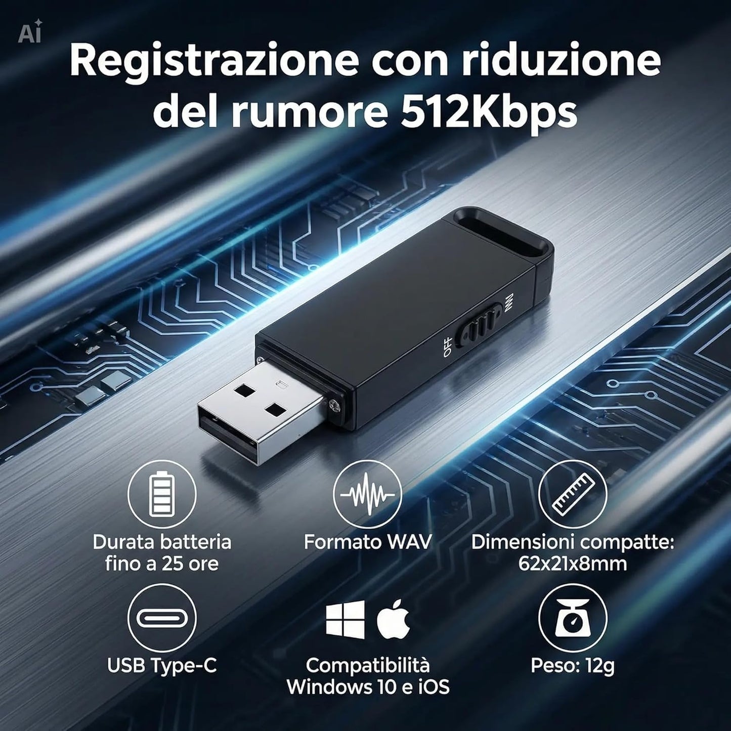 Registratore Audio Digitale Micro con 32 GB di Memoria Interna – Chiavetta USB Micro Registratore Vocale Professionale con Riduzione del Rumore, Batteria 25 Ore