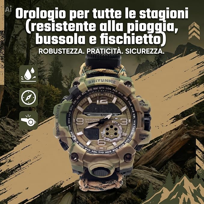 Orologio Survival con Corda da Paracadute 7-in-1 – Braccialetto Tattico con Bussola, Termometro, Fischietto, Cacciavite, Raschietto, Luminescente, per Campeggio, Arrampicata e Trekking