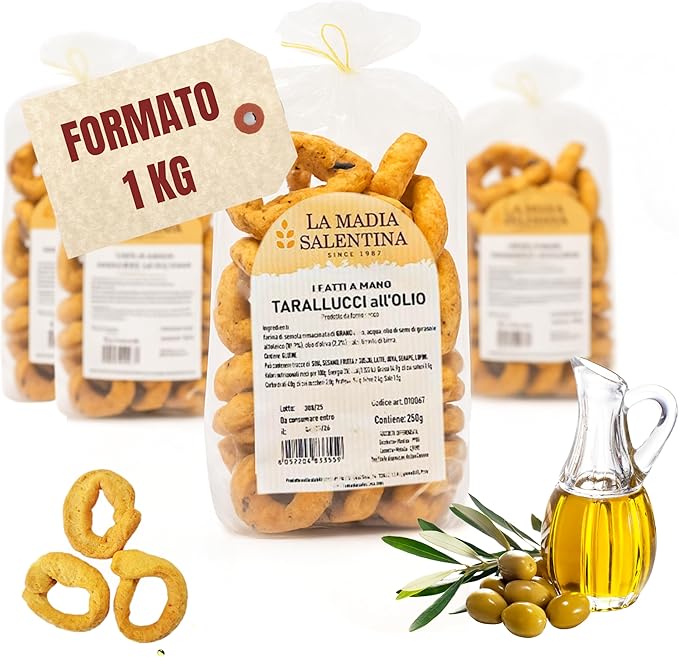 Tarallucci Salentini all’Olio di Oliva EVO 1 Kg, Artigianali al Forno - Taralli Pugliesi Croccanti Tradizionali del Salento - Tarallini Snack Salato Tipico della Puglia (4x250g, Olio di Oliva)