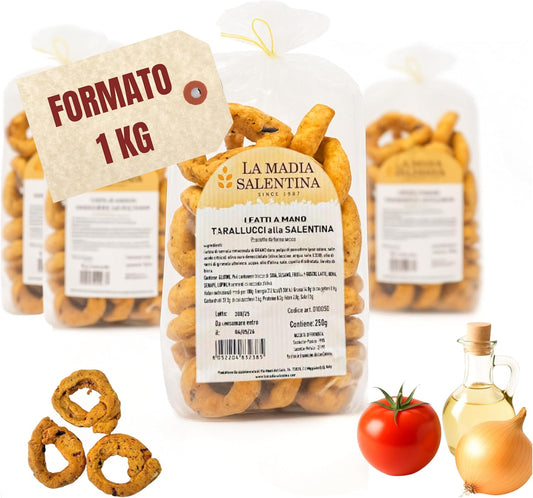 Tarallucci Salentini alla Salentina con Cipolla Pomodoro e Olive 1 Kg, Artigianali al Forno - Taralli Pugliesi Croccanti Tradizionali Salento - Tarallini Snack Salato Tipico Puglia (4x250g, Salentina)