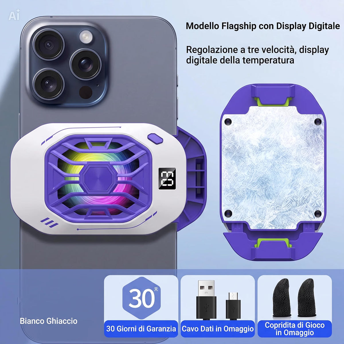 Ventola raffreddamento telefono cellulare con Cella di Peltier - Display Digitale – 3 Velocità per Gaming, Clip Universale e Sistema Magnetico – Per iOS e Android