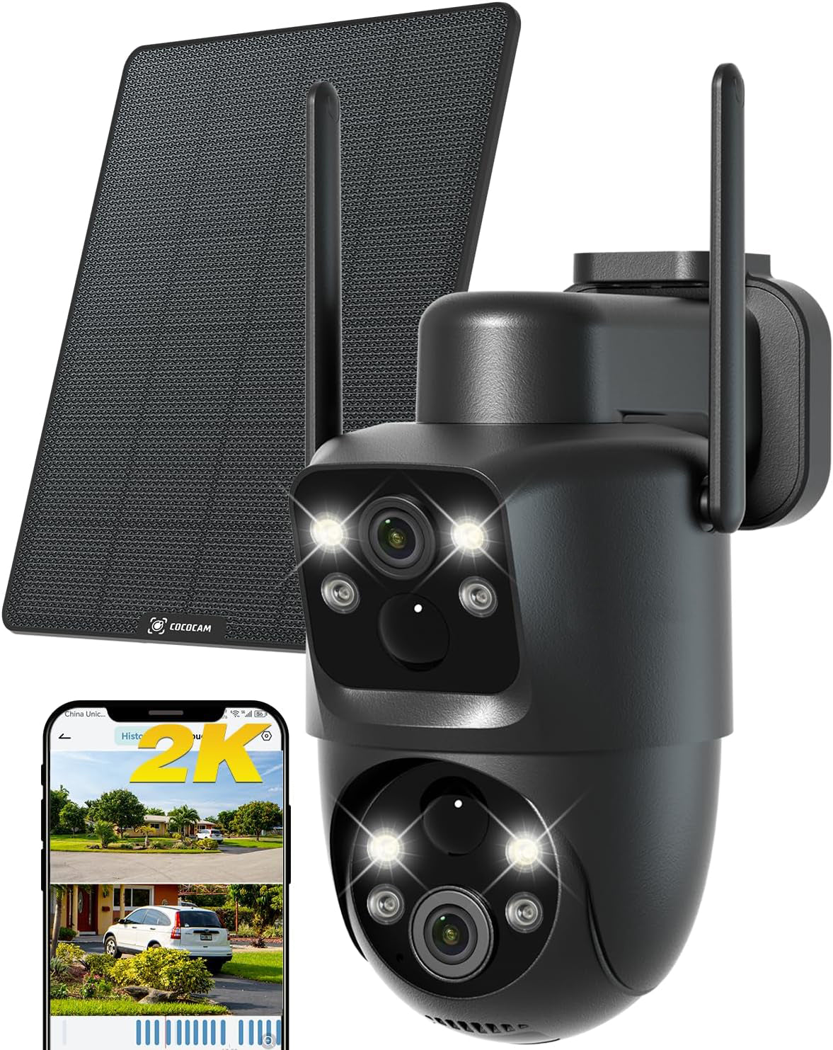 2K Telecamera Wi-Fi Esterno Senza Fili Solare PTZ con Doppio Obiettivo Doppio PIR, Batteria 10000mAh, 355°P 90°T, Intelligenza Artificiale, Pannello Solare 6W, IP66