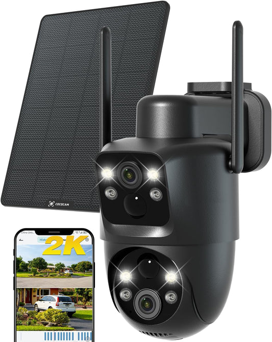 2K Telecamera Wi-Fi Esterno Senza Fili Solare PTZ con Doppio Obiettivo Doppio PIR, Batteria 10000mAh, 355°P 90°T, Intelligenza Artificiale, Pannello Solare 6W, IP66