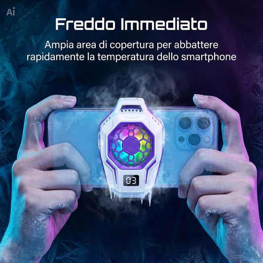Ventola raffreddamento telefono cellulare con Cella di Peltier - Display Digitale – 3 Velocità per Gaming, Clip Universale e Sistema Magnetico – Per iOS e Android
