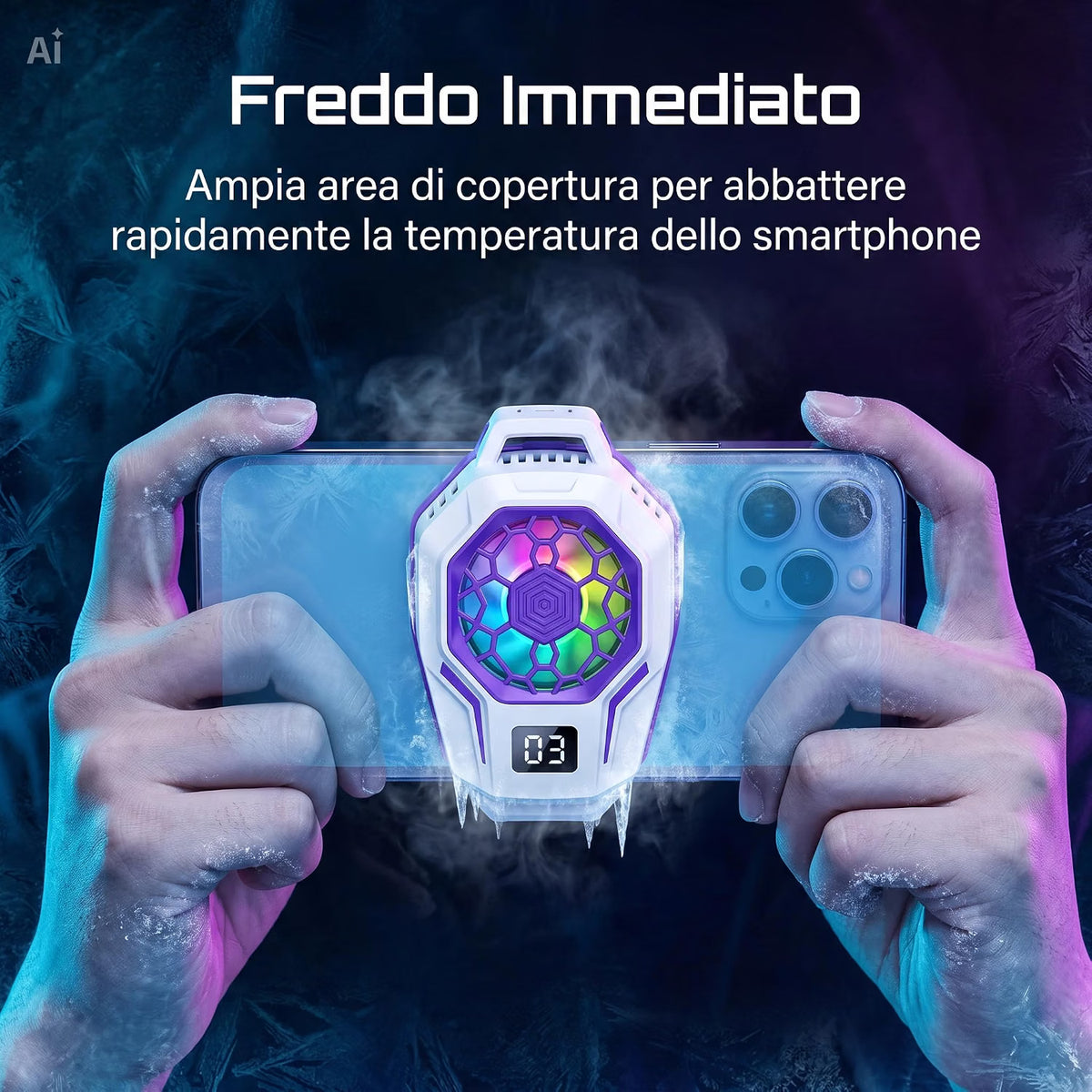 Ventola raffreddamento telefono cellulare con Cella di Peltier - Display Digitale – 3 Velocità per Gaming, Clip Universale e Sistema Magnetico – Per iOS e Android