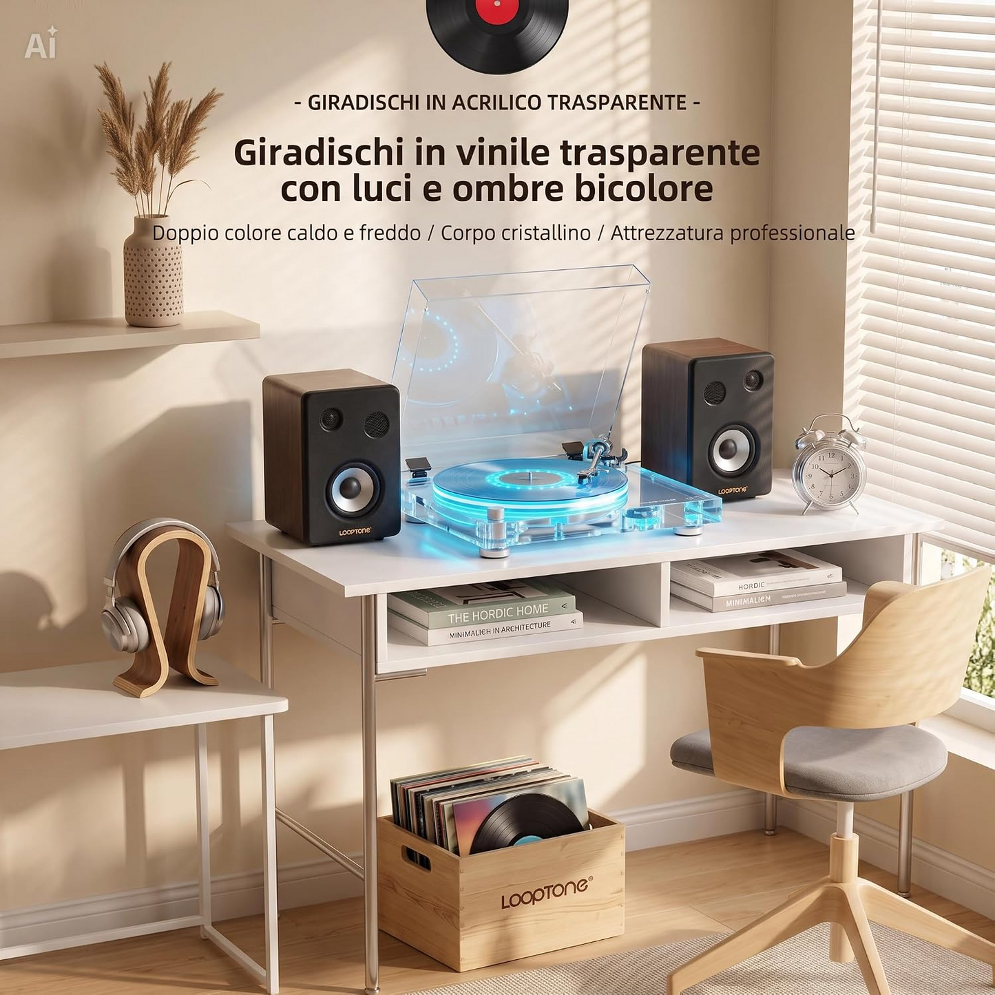 Giradischi in Acrilico Trasparente con Luce LED Bicolore Blu/Giallo – Design Esclusivo per Ambienti Ricercati, Braccio in Fibra di Carbonio, Cartuccia Audio Technica, Uscite BT/RCA/Ottica