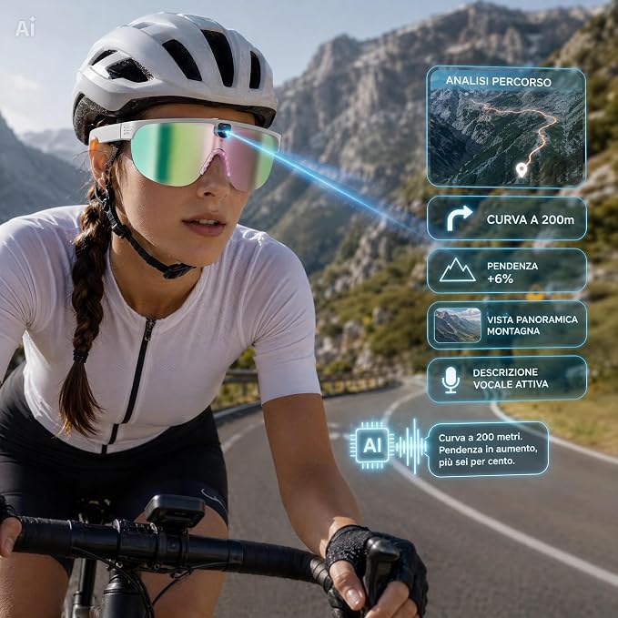 Occhiali Smart AI con Fotocamera 8MP e Audio Open-Ear – Montatura Bianca/ROSA, Video 1200P, Traduzione in 20+ Lingue, AI Descrittiva, Lenti Polarizzate + Gialle, APP Cyan Glasses